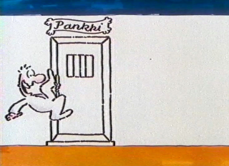 The drawn man runs left away from the barred bank door, legs flying.