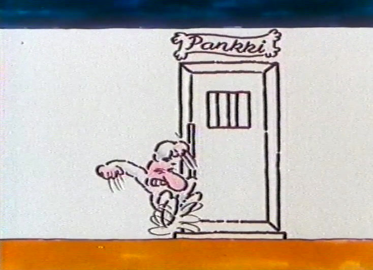 The drawn man stands before the barred bank door with both arms flung up.