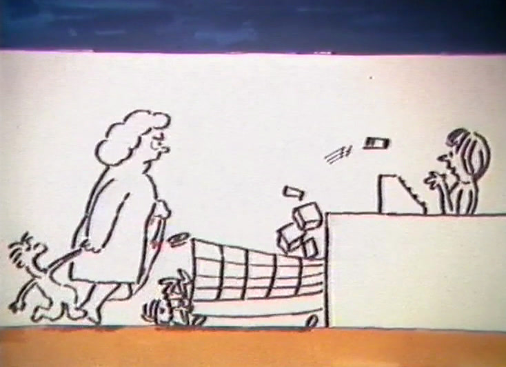 A drawn woman at a checkout with goods flying up towards the cashier.
