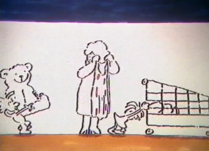 A teddy bear sits in the trolley while a drawn woman covers her face.