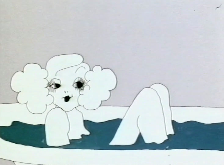 A drawn woman with a cloud of white curls sits in a bath of teal water, her knees drawn up.