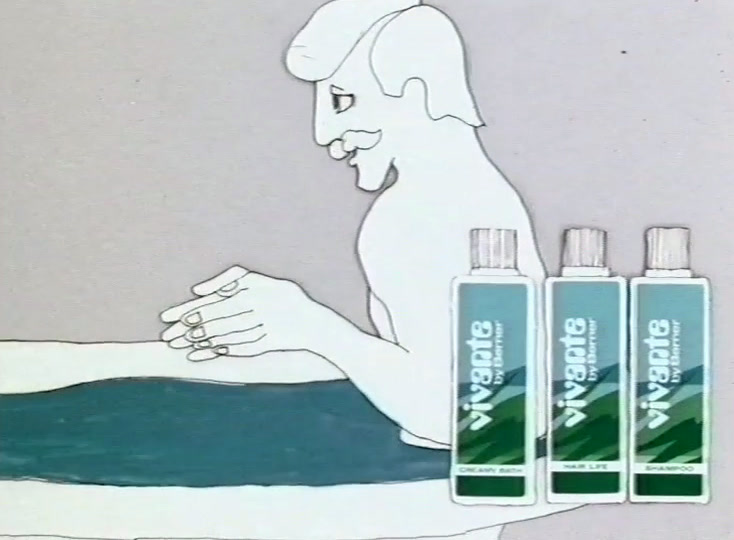 A drawn man reclines in a bath of teal water, one hand out along the rim, three Vivante bottles at the right.