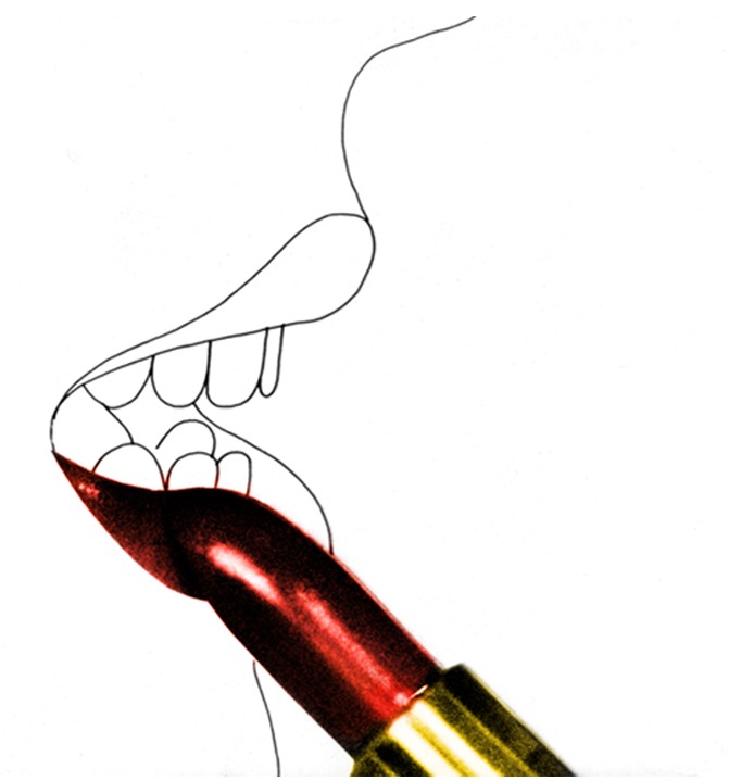 A mouth drawn in black line, a photographed dark red lipstick in a gold case painting the lower lip.