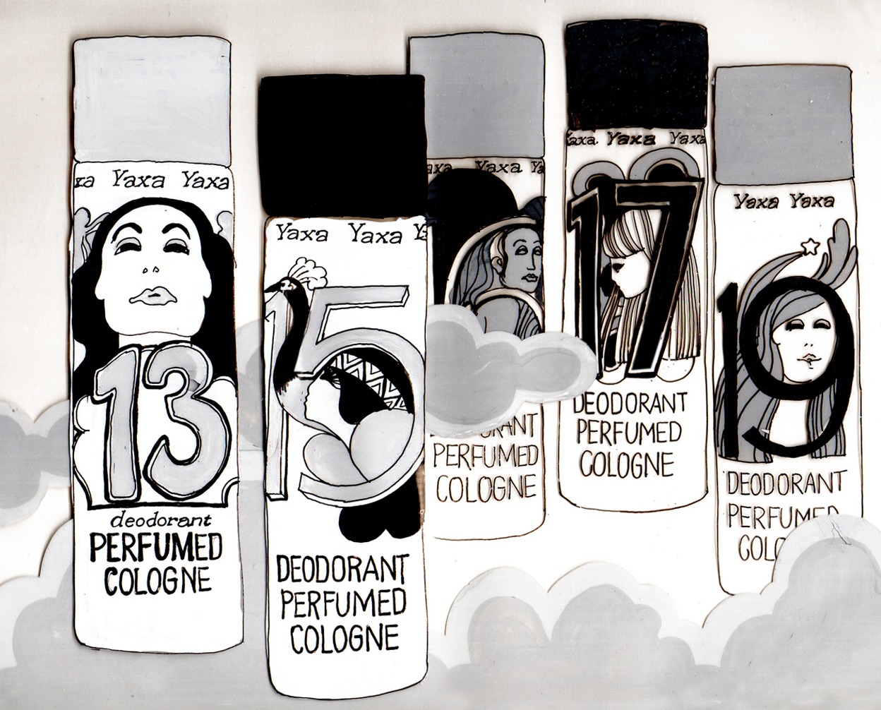 Yaxa, 1973, in black and white: five drawn deodorant bottles numbered 13, 15, 17 and 19 stand among clouds, each printed with a woman’s face and the words Deodorant Perfumed Cologne.