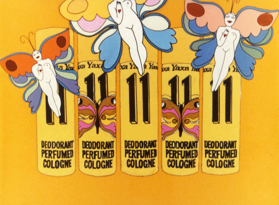 Still from Yaxa Cabaret: women with butterfly wings in orange, blue and pink fly over a row of yellow bottles numbered 11.