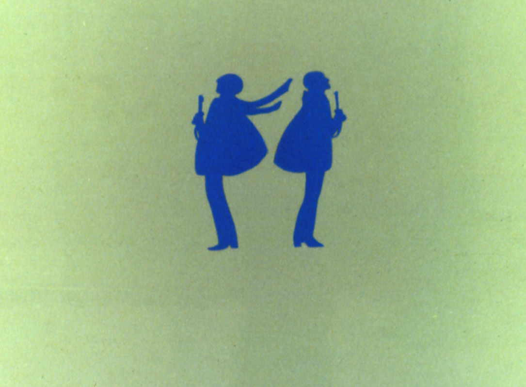 Still from Yaxa Cabaret: two small blue silhouettes of dancers face each other on a pale green ground, one reaching out an arm.