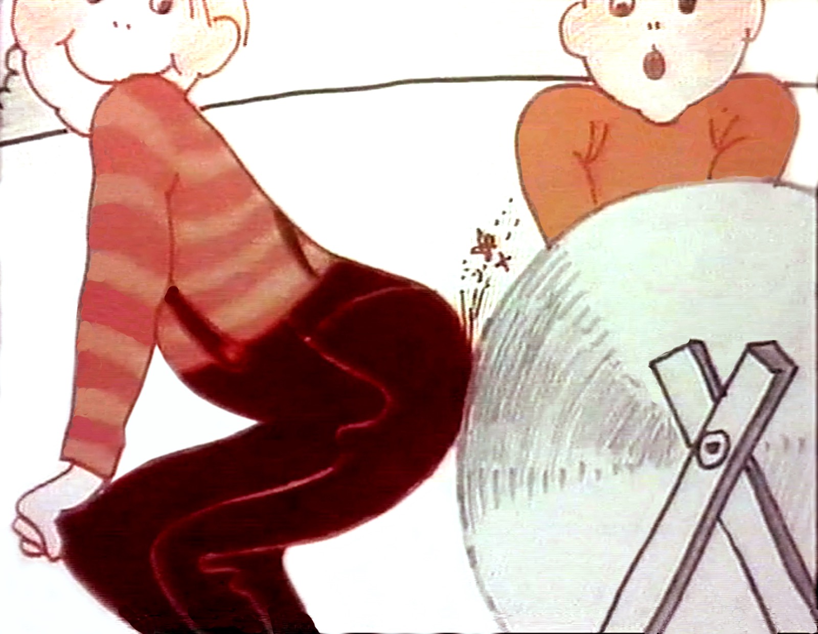 Enstex still, a boy in striped jumper and dark red trousers presses the seat of his trousers against a turning grindstone, sparks flying, while another child watches open-mouthed