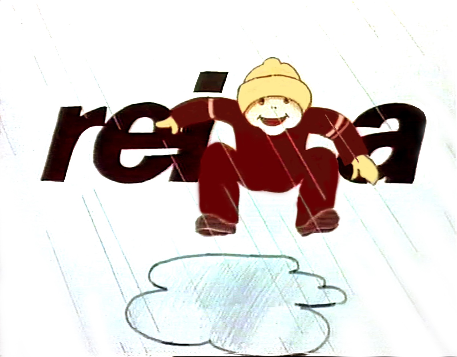 Enstex still, a child in a yellow woolly hat and red suit leaps over a puddle, filling the gap in the word reima behind him