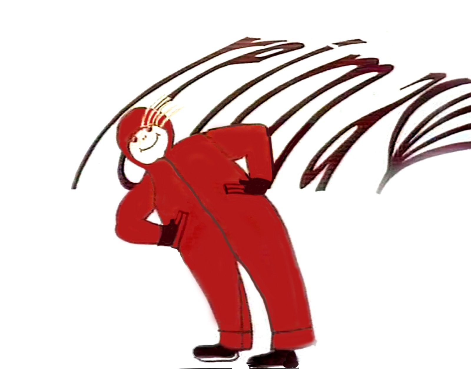 Enstex still, a smiling child in a red snowsuit leans into the wind, hands on hips, long dark strokes of wind sweeping past
