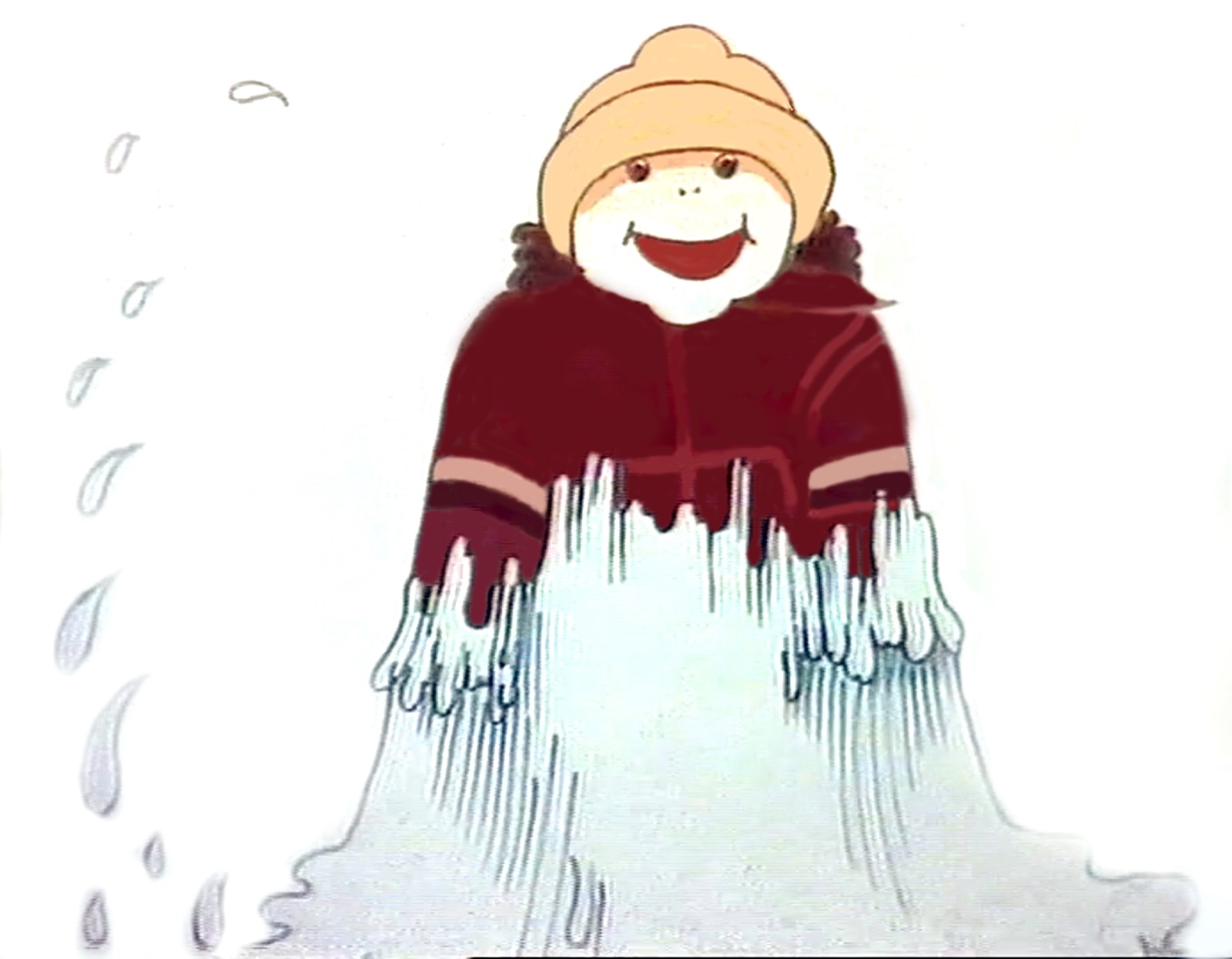 Enstex still, a laughing child in a yellow hat stands in a splash of puddle water that runs off the suit, drops flying to one side