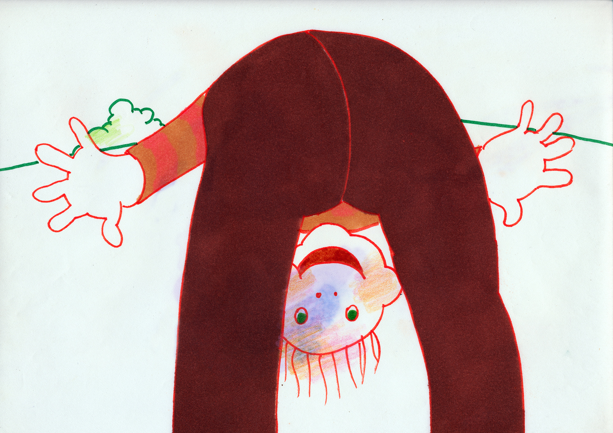 Original drawing for the Enstex commercial: a child in brown trousers bent double, looking back upside down between the legs, arms spread wide, in marker and coloured pencil