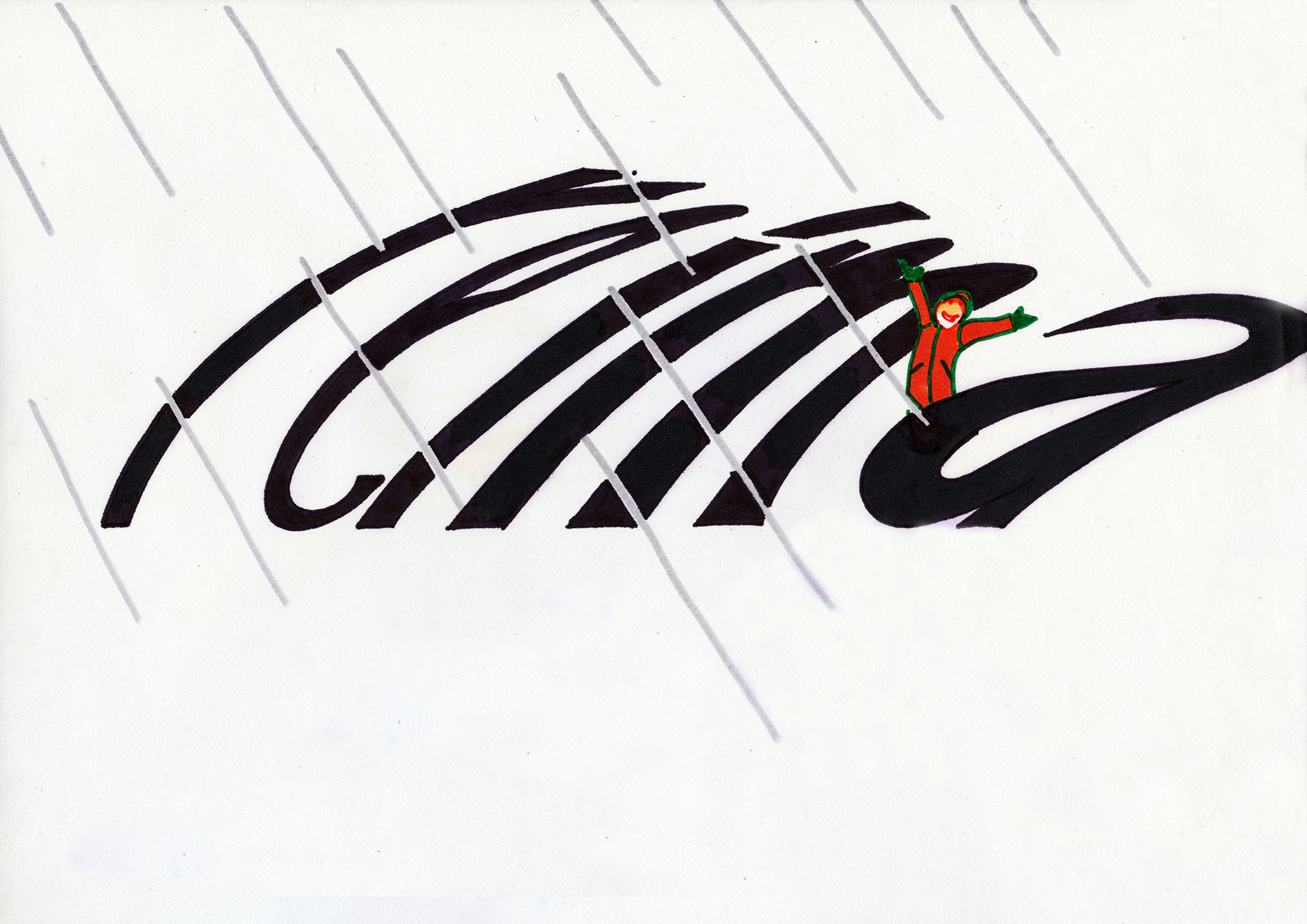 Original drawing for the Enstex commercial: the word reima in sweeping black script under grey slanting rain, a small child in a red suit waving from inside the last letter