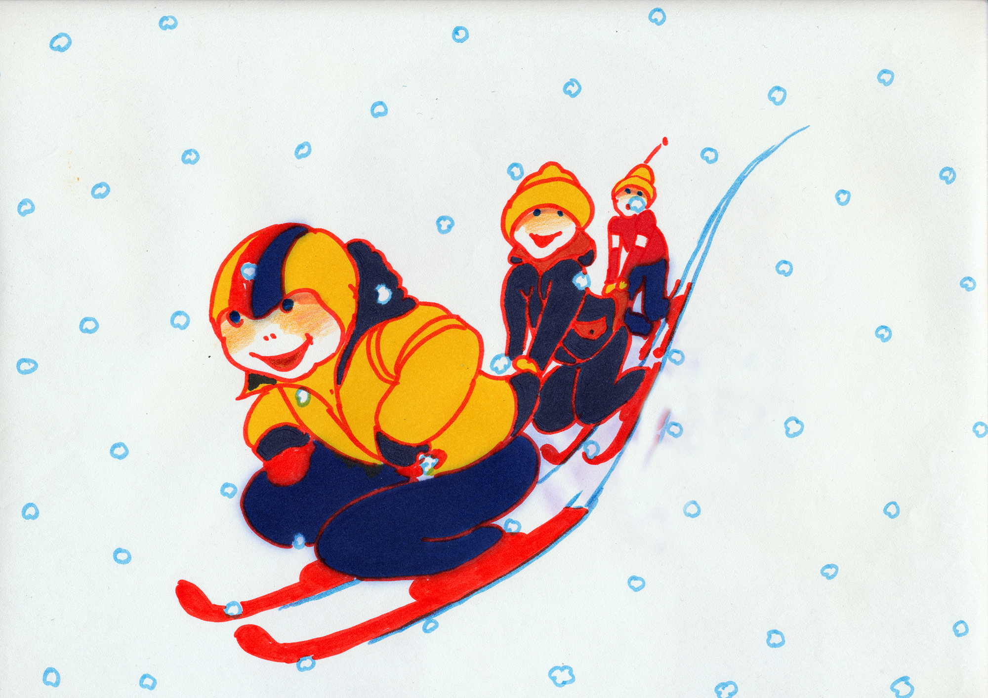 Original drawing for Reima: three children in winter suits and woolly hats skiing downhill one behind the other, blue snowflakes falling around them