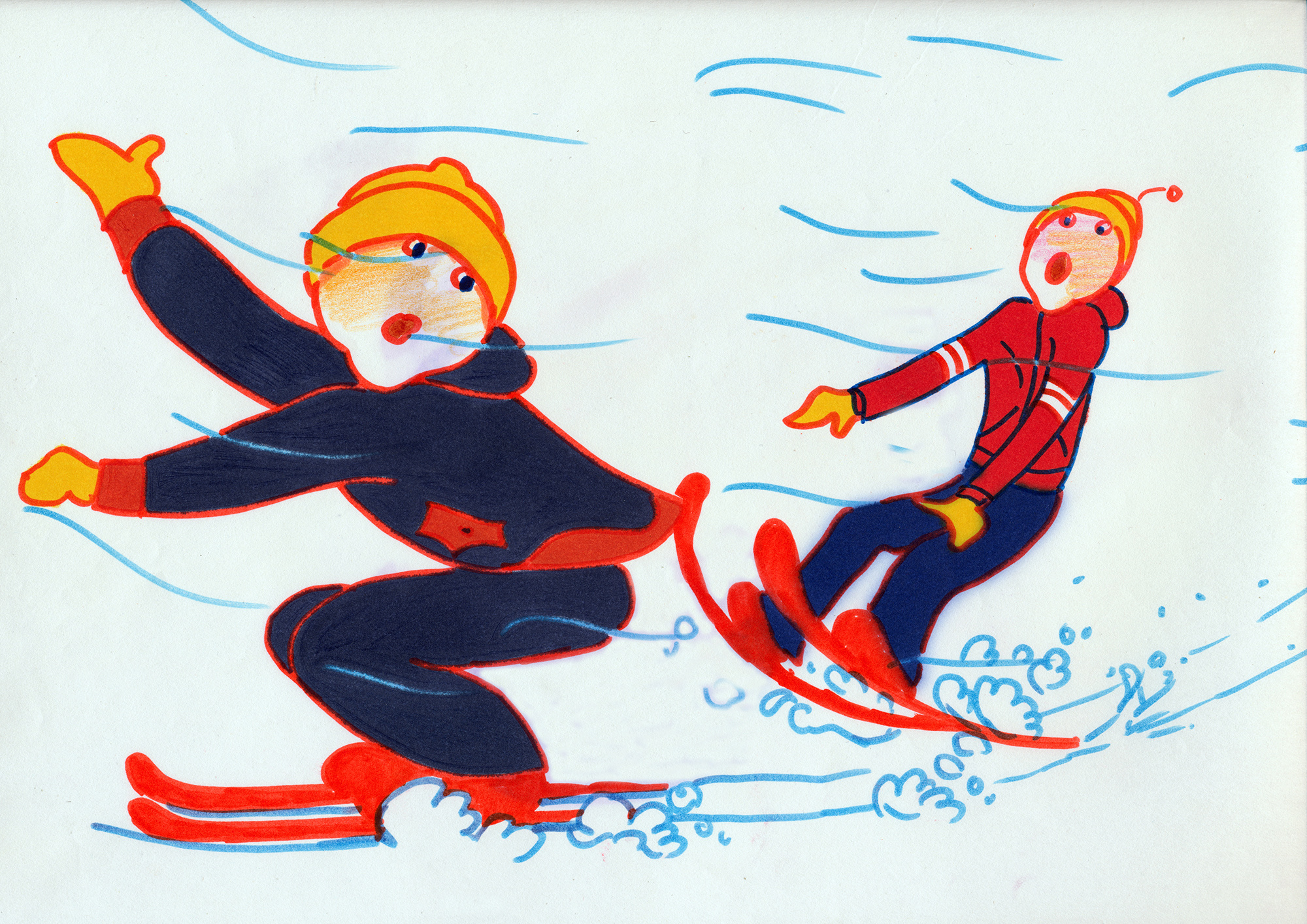 Original drawing for Reima: two children on skis caught in a gust of wind, arms thrown out, blue wind lines and powder snow flying