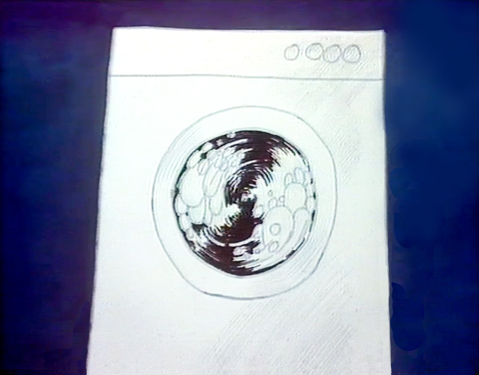 Enstex still, a white washing machine drawn in pencil against deep blue, the load churning in a dark whirl behind the round door