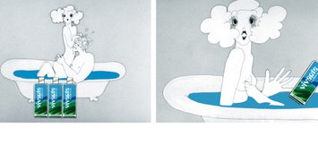 Two original commercial artworks shown in the exhibition: Vivante figures in bathtubs with a tube of Wreath toothpaste