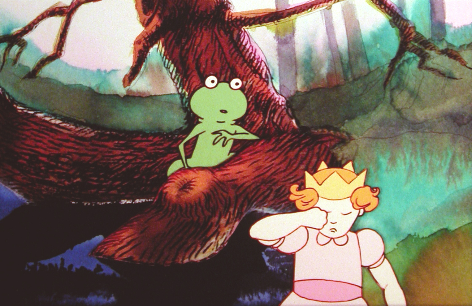 Still from The Frog King, a green frog watches a crowned princess rubbing her eye beside a red-brown tree