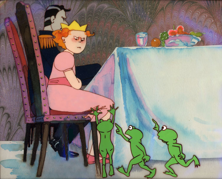 Still from The Frog King, a princess sits at a dining table while three frog figures reach and leap beside her chair