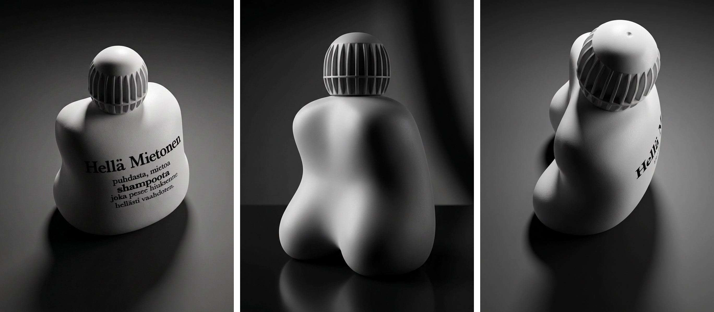 The Hellä Mietonen bottle in three views on a dark ground: the front with its label, the back with no graphics, and looking down onto the fluted cap