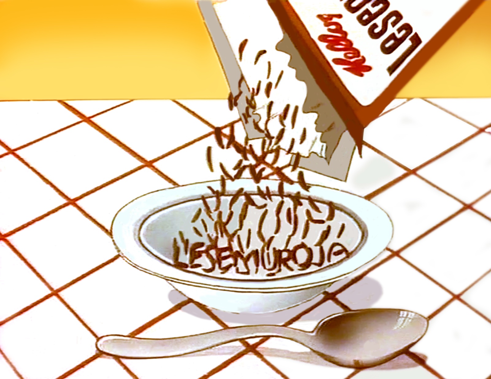 Kellogg still, flakes pour from a Kellogg's pack into a white bowl with the word LESEMUROJA lettered inside, on a tiled table