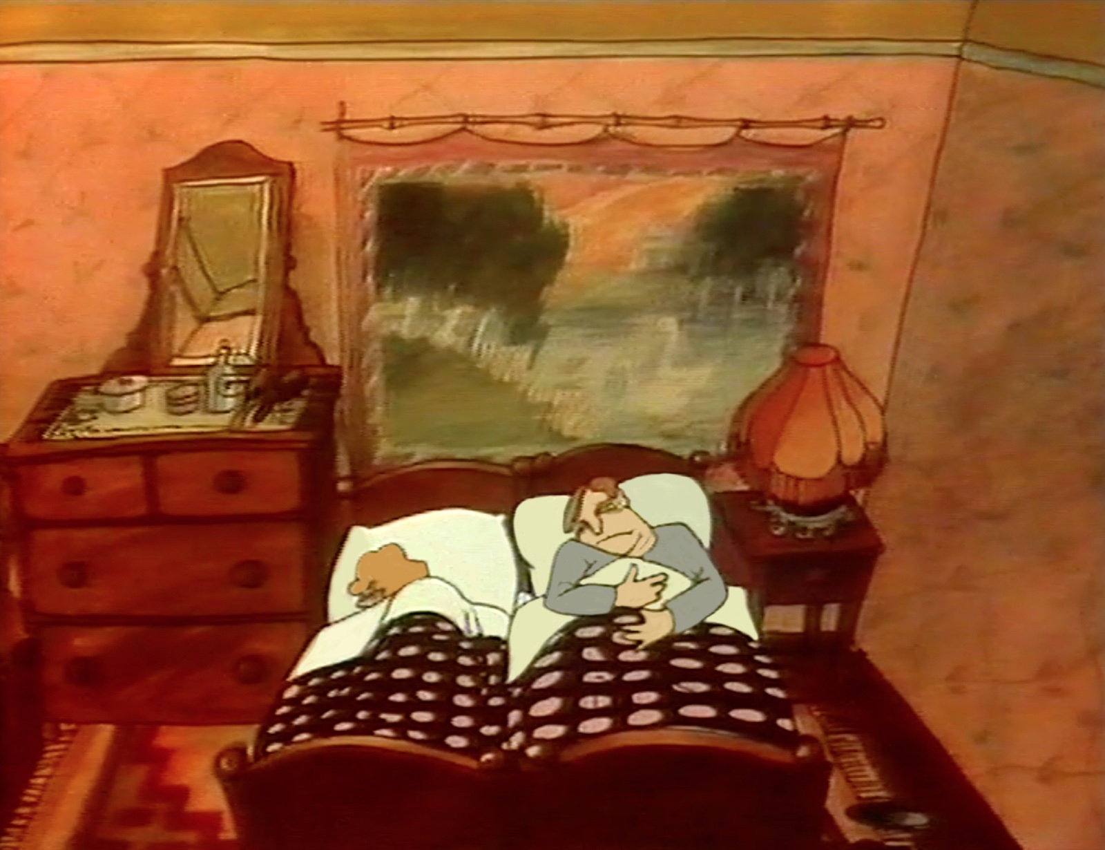 Kellogg still, a man lies awake in bed beside a sleeping woman, a dresser, a landscape painting and a fringed lamp around them in warm painted colours