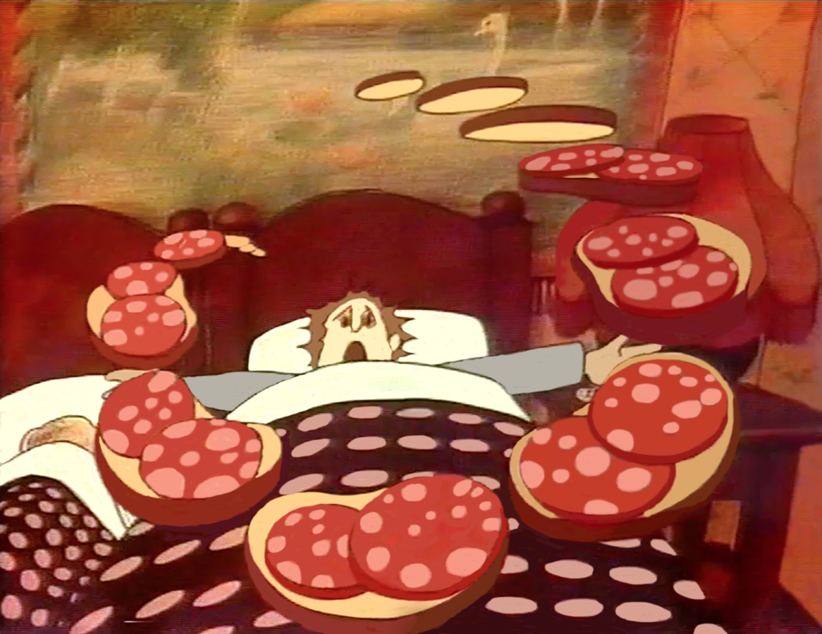 Kellogg still, the man shouts in bed as open salami sandwiches fly around him and drop onto the quilt