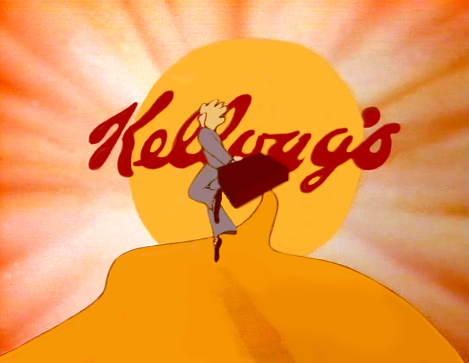 Kellogg still, the man strides over an orange hill with his briefcase, the red Kellogg's script on a rising sun behind him