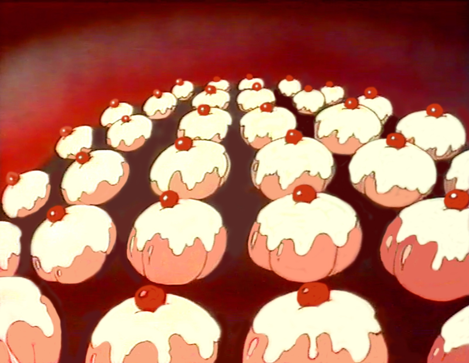 Kellogg still, rows of white iced buns, each topped with a red cherry, advance out of a dark red ground