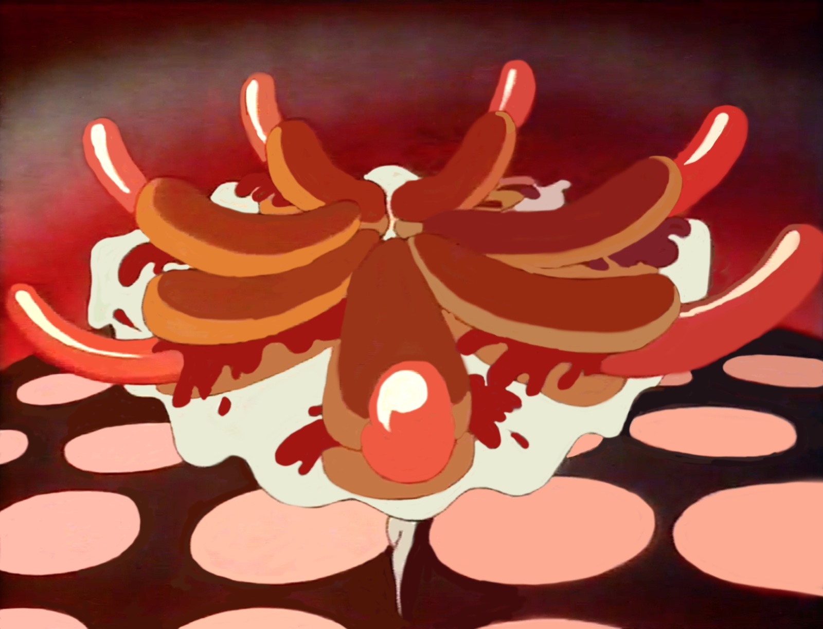 Kellogg still, sausages and frankfurters fan out in a heap splashed with ketchup, rising over the spotted quilt