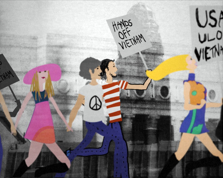 Still from Learned by Heart, drawn young people in flares and a pink hat march past a photographed building with placards reading HANDS OFF VIETNAM