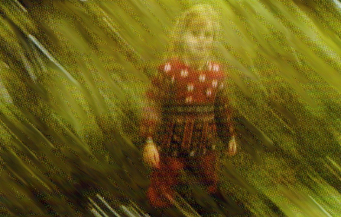 Still from Mixed Feelings, a small girl in a red patterned dress standing in green grass streaked with motion
