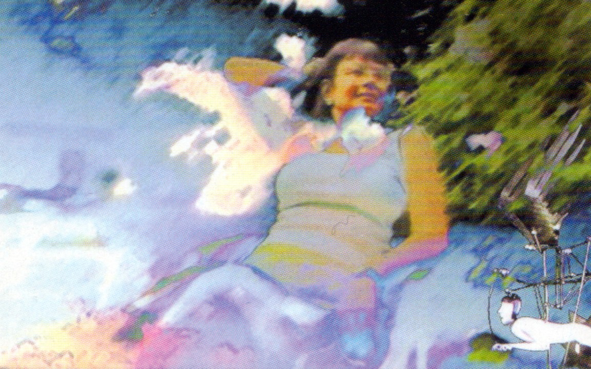 Still from Mixed Feelings, a woman in a sleeveless top reclining against a painted blue and white sky and leaves, with a small drawn figure at lower right