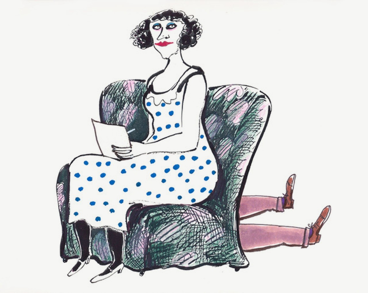 Still from I'm not a Feminist, but… A woman in a blue polka-dot dress reading a letter in an armchair, a man's legs on the floor beside her