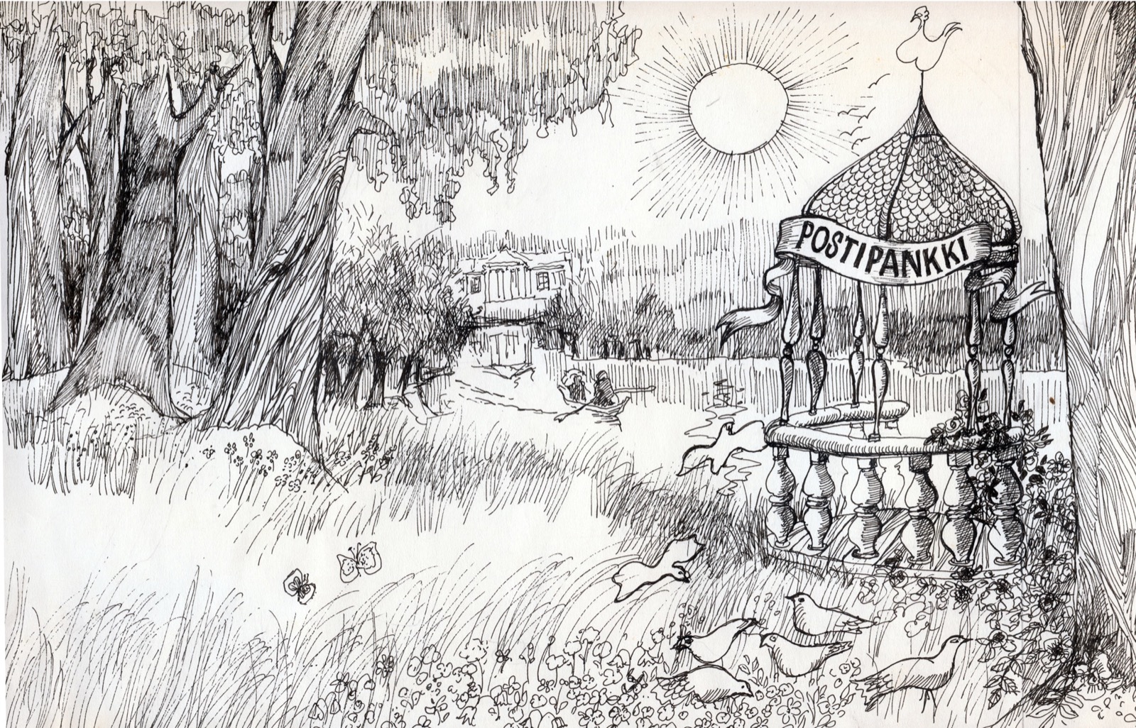 Marjut’s pen drawing for Postipankki Menuetti: a park of tall trees and long grass under a radiant sun, birds at the foot of a domed pavilion bannered Postipankki, a manor house beyond.