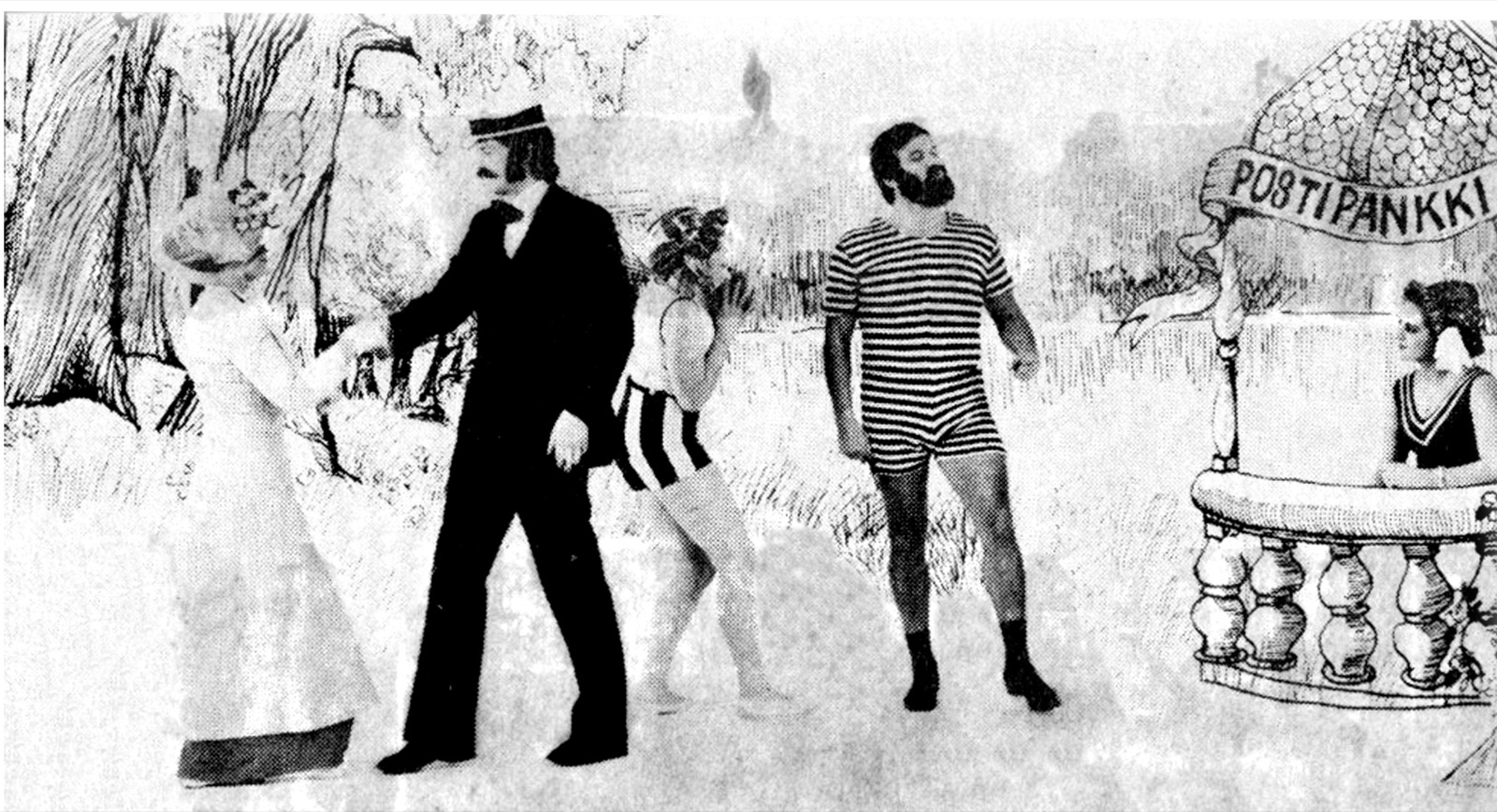 Still from Postipankki Menuetti, in black and white: actors in period dress, a couple, two bathers in striped costumes, walk past the drawn Postipankki pavilion, where a woman leans on the balustrade.