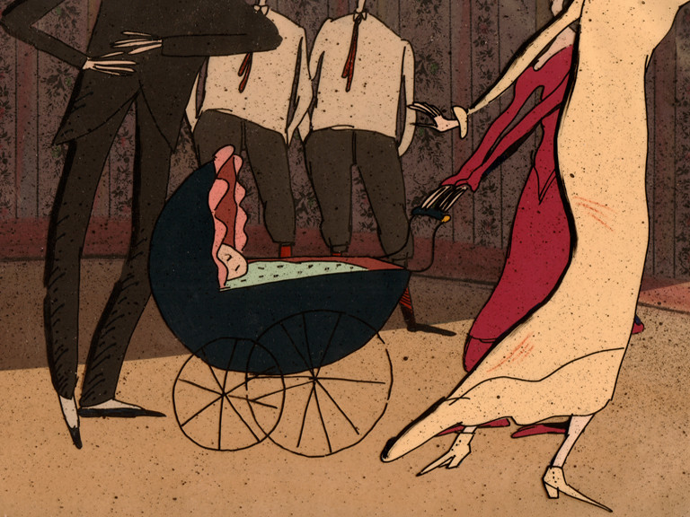 Still from The Stain — drawn animation, family scene