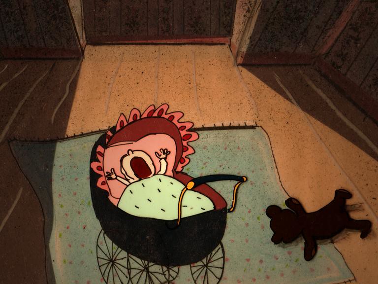 A drawn baby cries in a black pram on a rug in a bare wooden room, a teddy bear lying on the floor beside it.
