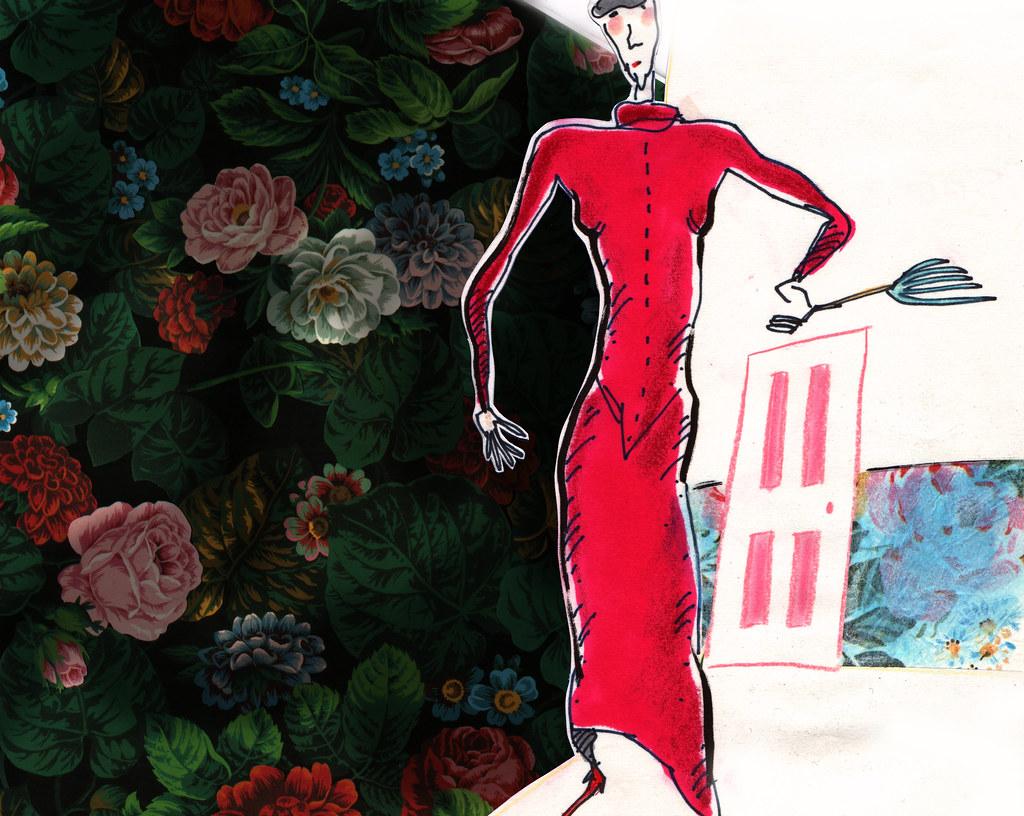Still from The Stain, a drawn woman in a long red dress standing against a dark mass of roses, holding a rake-like tool