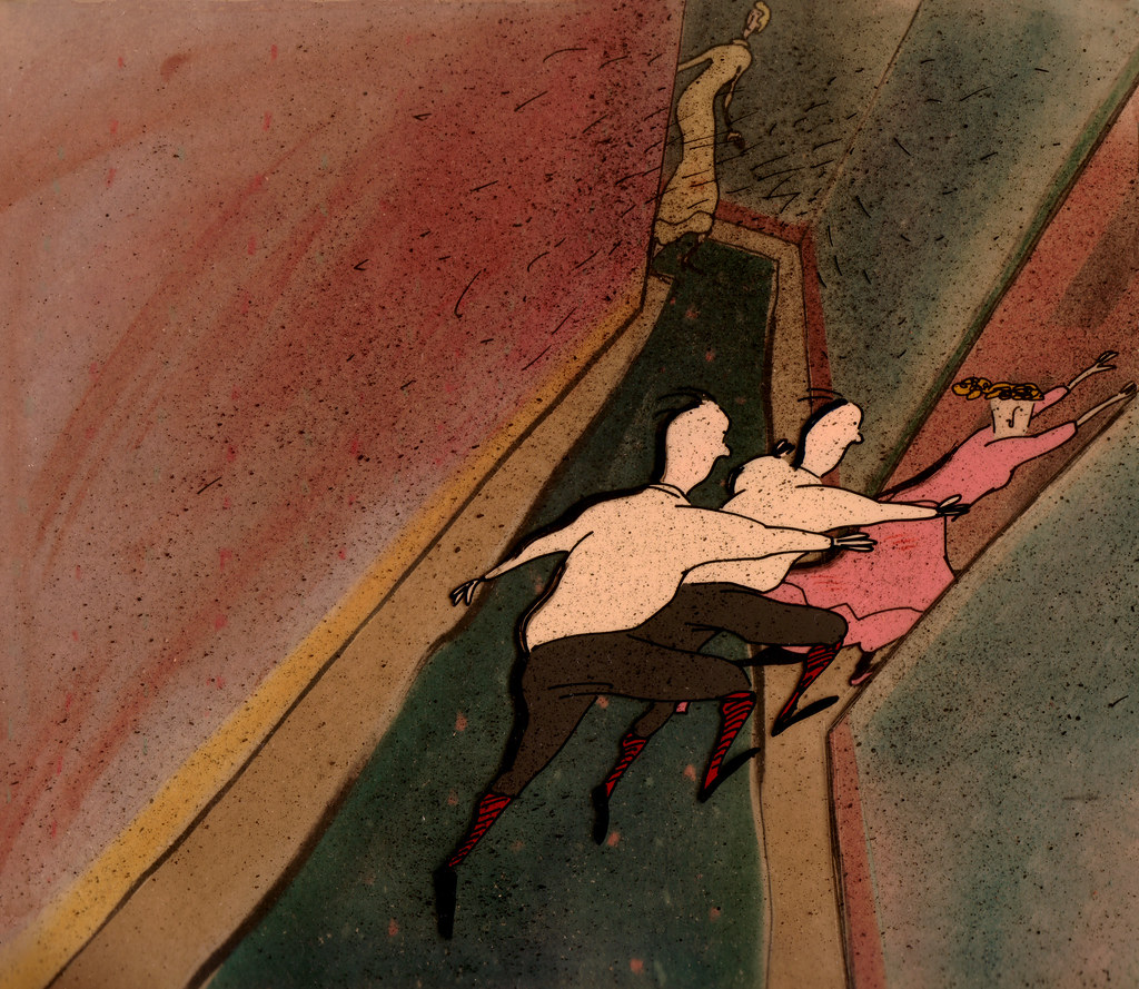 Three drawn figures with outstretched arms rush down a narrow passage between pink and green walls.