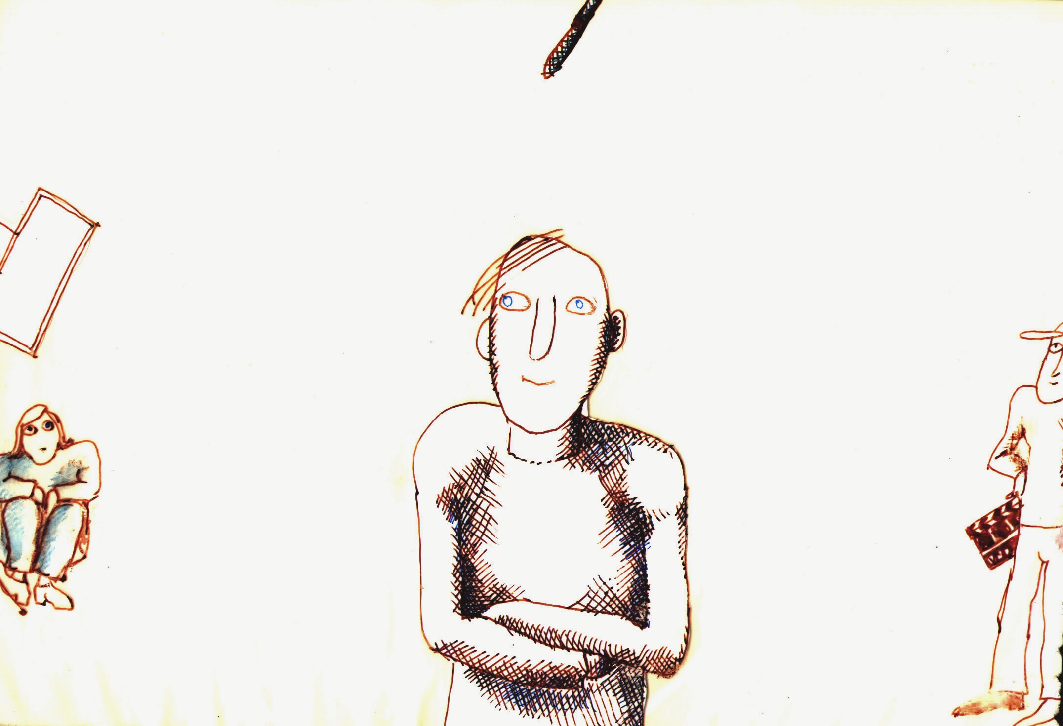 Still from Trip to Eternity, a thin balding man drawn in red ink stands with his arms folded across a cross-hatched chest in the middle of an empty white field, a small seated figure at the far left and a figure holding a clapperboard at the right edge