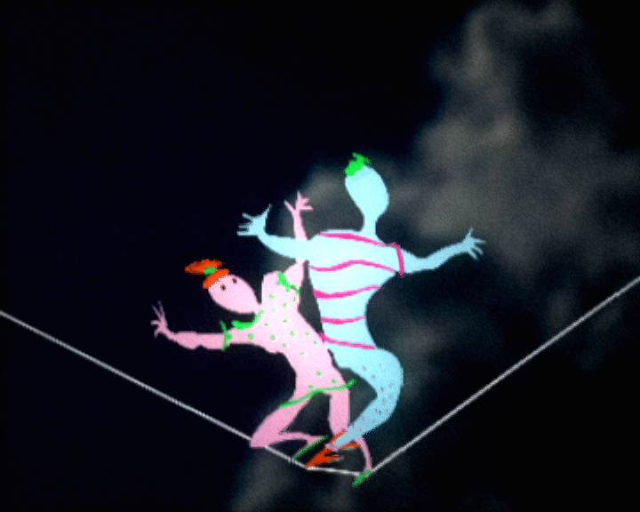 Still from Unicef AIDS Red Ribbon, two figures lean together where a white tightrope bends into a V