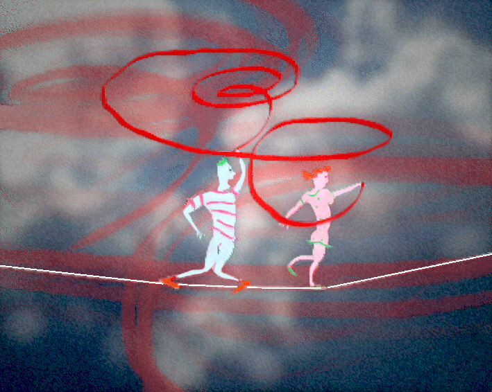 Still from Unicef AIDS Red Ribbon, two figures move along a tightrope beneath a spiralling red ribbon