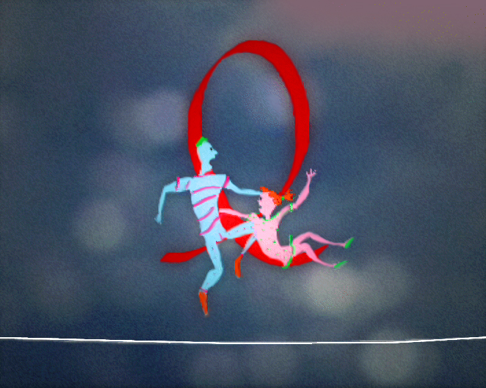 Still from Unicef AIDS Red Ribbon, two figures hang together in a large red loop above the tightrope