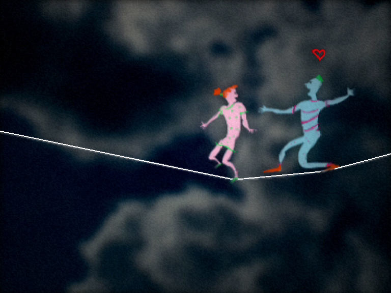 Still from Unicef AIDS Red Ribbon, two colourful figures run along a white tightrope beneath a red heart