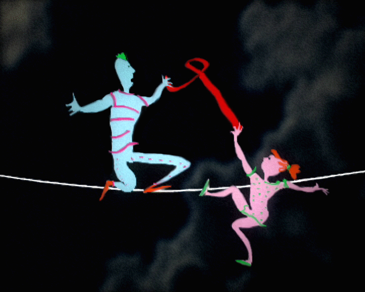 Still from Unicef AIDS Red Ribbon, a blue figure kneels on a tightrope and holds a red ribbon supporting a pink figure below