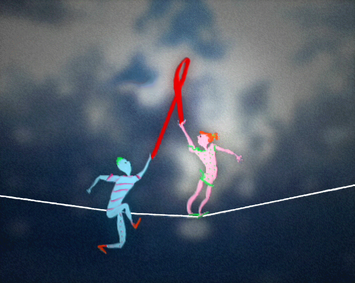 Still from Unicef AIDS Red Ribbon, a pink figure holds a red ribbon while a blue figure hangs beneath the tightrope
