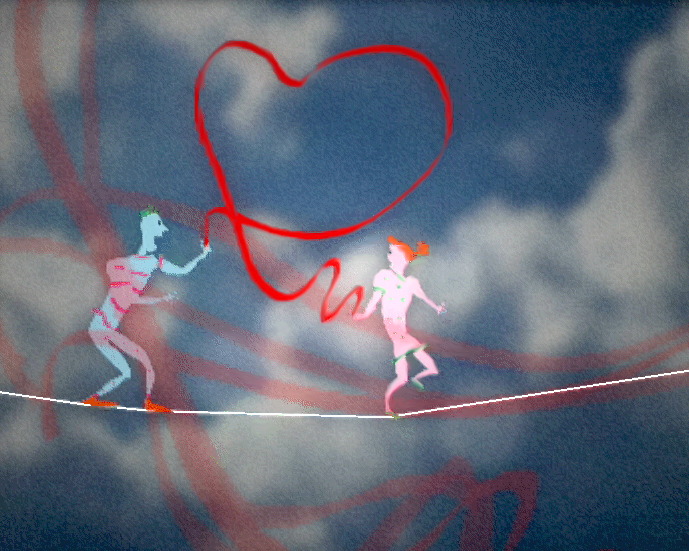 Still from Unicef AIDS Red Ribbon, two figures run beneath a red ribbon curved into a heart