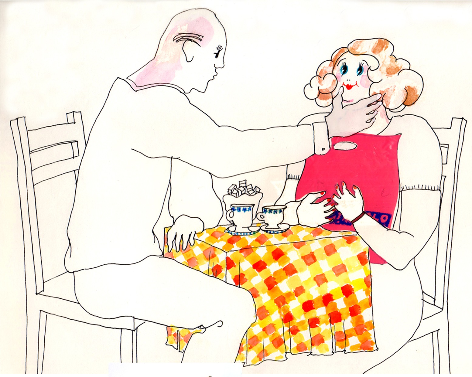 Drawing for Suolaa, suolaa: a bald man reaches across a checked tablecloth to the woman, coffee cups between them.