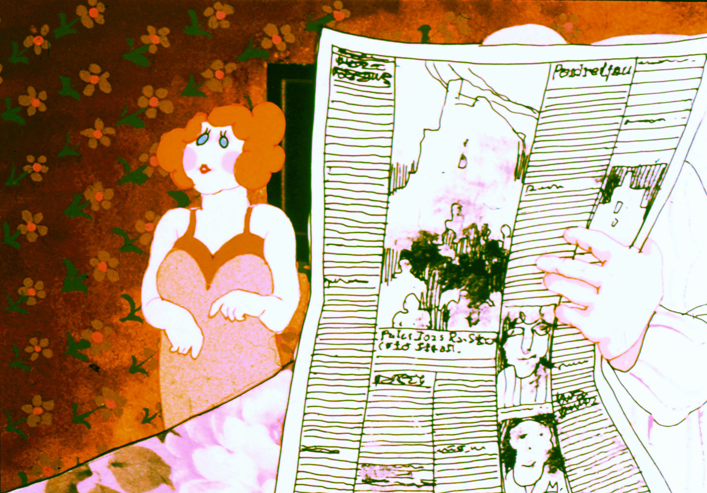 Valintatalo still, the woman in an apricot slip sits against maroon floral wallpaper while the newspaper her husband holds fills the rest of the frame, its three columns drawn as ruled lines of pretend text with smudged pictures set into them