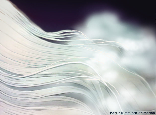 Vita Plus still, pale silver strands of hair sweep across a near-black ground towards a soft white bloom of light at the top right